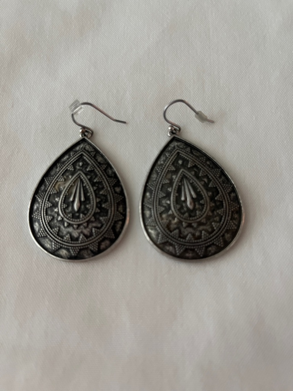 Bohemian Teardrop Engraved Silver-Tone Drop Earrings